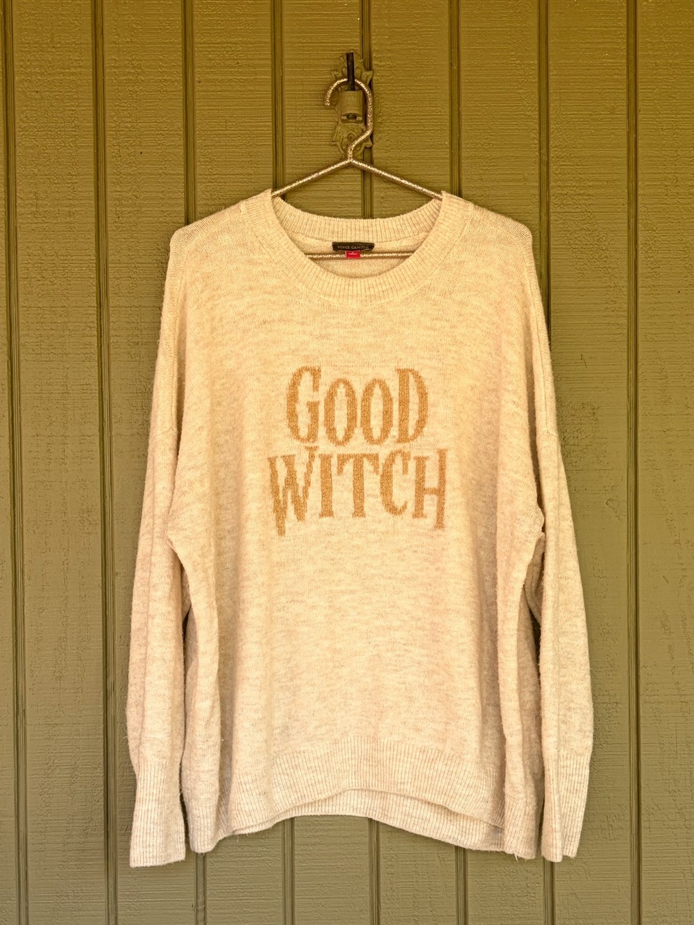Vince Camuto Good Witch Metallic Gold Graphic Sweater Large Oatmeal GUC